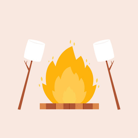 Wood-burning bonfire and fried marshmallows on sticks. Picnic, hiking, camping, tourism. Flat vector illustration isolated on pink background.のイラスト素材