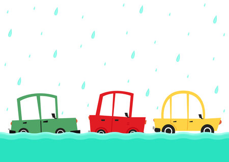 Flooded road vector. Road flooding. A Car trying to drive against flood on the street.のイラスト素材