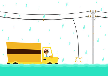 Flooded road vector. Road flooding. A truck trying to drive against flood on the street. Electric poles flood. Broken electric pole vector.のイラスト素材