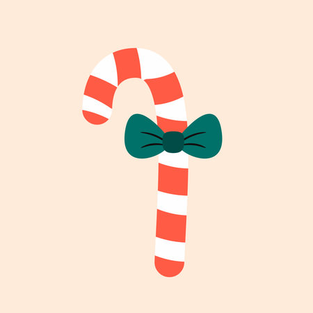 Sweet stripped candy cane. Stick lollipop isolated on white background. Sugary dessert, Christmas or New Year confection.のイラスト素材