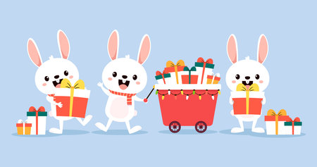 Rabbit in Christmas day. Christmas shoping cart with gifts box. Vector illustration.のイラスト素材