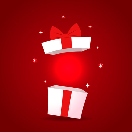 Opened gift box, surprise concept. Opened gift on red background.のイラスト素材