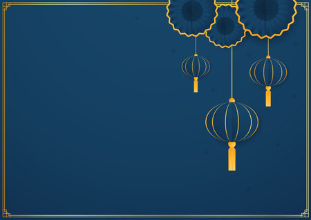 Happy Chinese new year 2023. Chinese new year banner with circle for show product. Greeting card. China frame with lantern on blue background.のイラスト素材