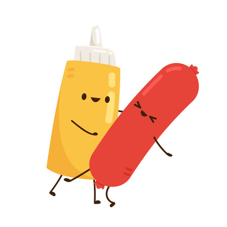 Mustard and Hot Dog character character design. Mustard and Hot Dog on white background.のイラスト素材