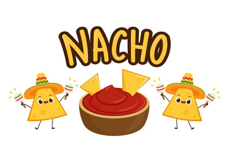 Nacho character design. Nachos on white background. Mexican hat. sauce cup vector.のイラスト素材