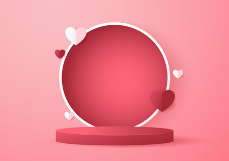 Valentine's day background with product display and Heart Shaped. Paper cut style. Red podium in Valentine's day.のイラスト素材