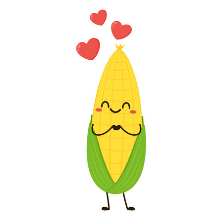 Corn cartoon vector. Cute vegetable vector character isolated on white. Corn mascot.のイラスト素材