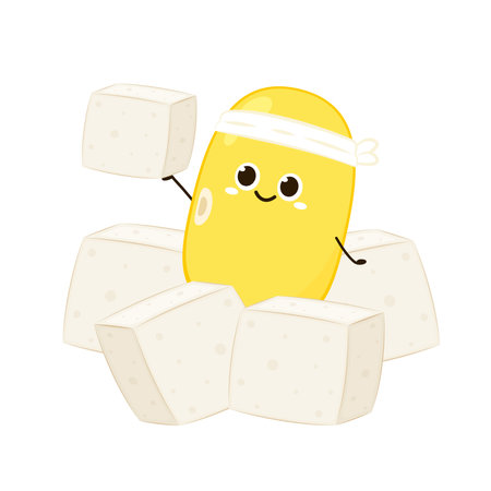 Soybean vector. Soybean character design. White Tofu vector. Tofu cartoon style isolated on white background. Vegetarian nutrition, healthy food.のイラスト素材
