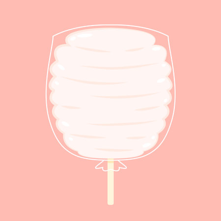 Cotton candy. White cotton candy on wooden stick. Summer tasty and sweet snack for children in parks and food festivals. Cartoon vector illustration isolated on pink background.のイラスト素材