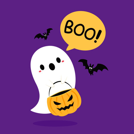 BOO! calligraphy text design with bat, spider, ghost and net with Boo vector sign. Halloween message silhouette isolated on white background. Cartoon Halloween greeting card. Illusのイラスト素材