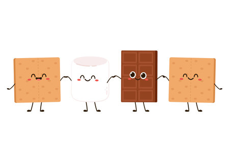 Sweet sandwiches from chocolate and marshmallow. Scheme of smore sweet children dessert preparing, cartoon vector illustration isolated on white background.のイラスト素材