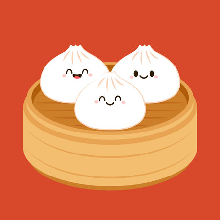 Cute Dim sum character, traditional Chinese dumplings, with funny smiling faces. Kawaii Asian food vector.のイラスト素材