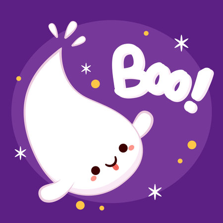 Happy halloween party greeting card with cute ghost. Holidays cartoon character. Trick or treat. Halloween funny cartoon. Boo! banner.のイラスト素材