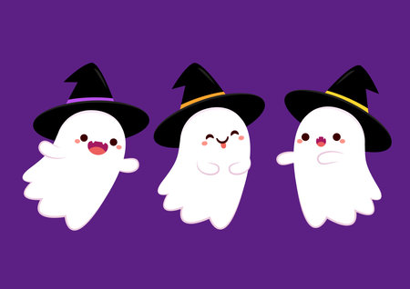 Cute ghost floating with Halloween pumpkin basket for Trick or Treat. Funny spooky boo character. Spook phantom with happy smiling face expression. Isolated kids flat vector illustのイラスト素材