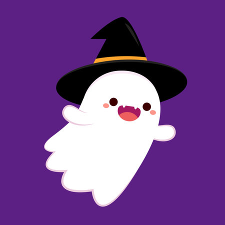 Cute ghost floating with Halloween pumpkin basket for Trick or Treat. Funny spooky boo character. Spook phantom with happy smiling face expression. Isolated kids flat vector illustのイラスト素材