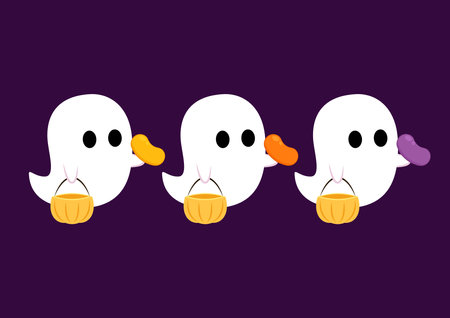 Happy halloween party greeting card with cute ghost. Holidays cartoon character. Trick or treat. Halloween funny cartoon.のイラスト素材