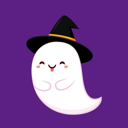 Cute ghost floating with Halloween pumpkin basket for Trick or Treat. Funny spooky boo character. Spook phantom with happy smiling face expression. Isolated kids flat vector illustのイラスト素材