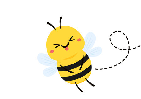 Cute friendly bee. Cartoon happy flying. Insect character. Vector isolated on white background.