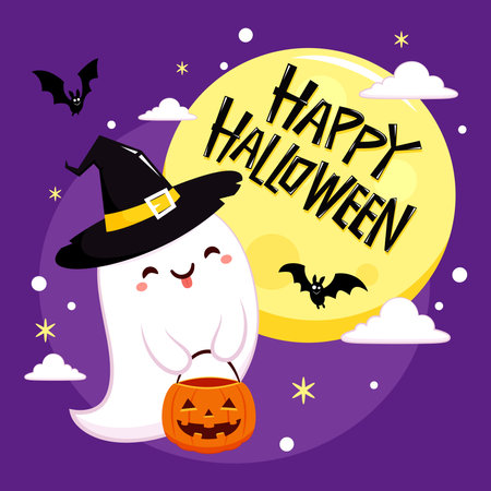Happy halloween party greeting card with cute ghost. Holidays cartoon character. Trick or treat. Halloween funny cartoon.のイラスト素材