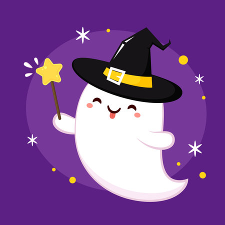 Happy halloween party greeting card with cute ghost. Holidays cartoon character. Trick or treat. Halloween funny cartoon. Ghost with a Witch hat.のイラスト素材