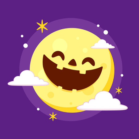 Cute Yellow moon. Halloween Vector illustration Isolated over Purple background.のイラスト素材