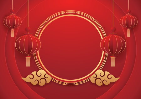 Happy Chinese new year 2024. Chinese new year banner with circle for show product. Greeting card. China frame with lantern on red background.のイラスト素材