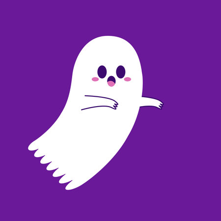 Cute ghost floating with Halloween pumpkin basket for Trick or Treat. Funny spooky boo character. Spook phantom with happy smiling face expression. Isolated kids flat vector illustのイラスト素材