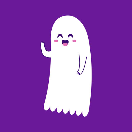 Cute ghost floating with Halloween pumpkin basket for Trick or Treat. Funny spooky boo character. Spook phantom with happy smiling face expression. Isolated kids flat vector illustのイラスト素材