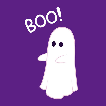Cute ghost floating for Trick or Treat. Funny spooky boo character. Spook phantom with happy smiling face expression. Isolated kids flat vector illustration.のイラスト素材