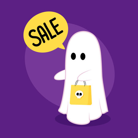 Cute ghost floating for Trick or Treat. Funny spooky boo character. Spook phantom with happy smiling face expression. Isolated kids flat vector illustration.のイラスト素材