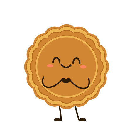 Moon cake character vector. Moon cake, traditional Chinese round pastry eaten during Mid Autumn Festival.のイラスト素材
