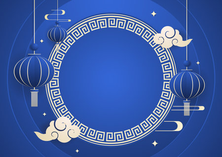 Happy Chinese new year 2024. Chinese new year banner with circle for show product. Greeting card. China frame with lantern on Blue background.のイラスト素材