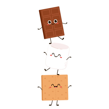 Sweet sandwiches from chocolate and marshmallow. Scheme of smore sweet children dessert preparing, cartoon vector illustration isolated on white background.のイラスト素材