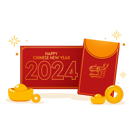 Happy Chinese new year pack 2024 the dragon zodiac sign. Lantern, Asian elements gold. Happy new year 2024 year of the dragon.のイラスト素材