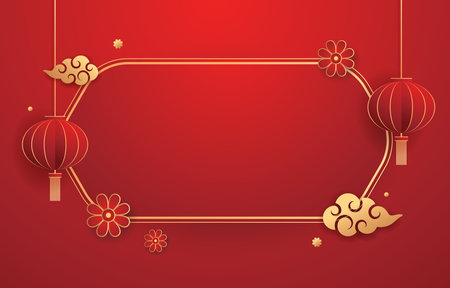 Happy Chinese new year 2024. Chinese new year banner with circle for show product. Greeting card. China frame with lantern on red background.のイラスト素材