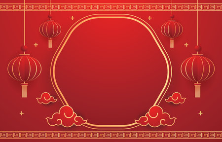 Happy Chinese new year 2024. Chinese new year banner with circle for show product. Greeting card. China frame with lantern on red background.のイラスト素材