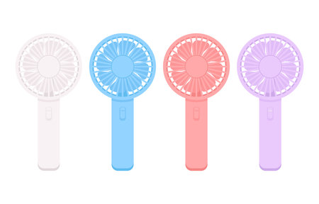 Hand fan in flat style. Modern electric fan different types colors set realistic vector illustration.のイラスト素材