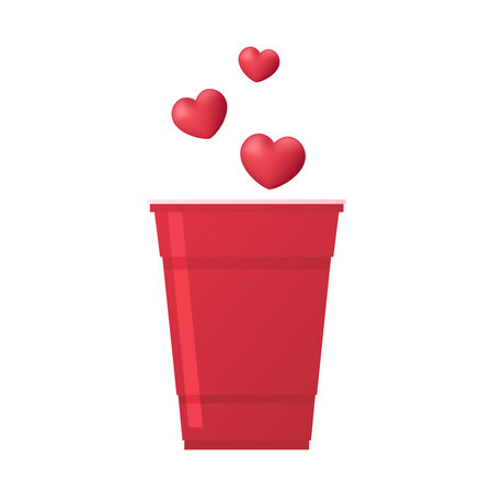 Red beer cup vector. Red plastic cup isolated on white background. Valentine's day. Heart on plastic cup.のイラスト素材