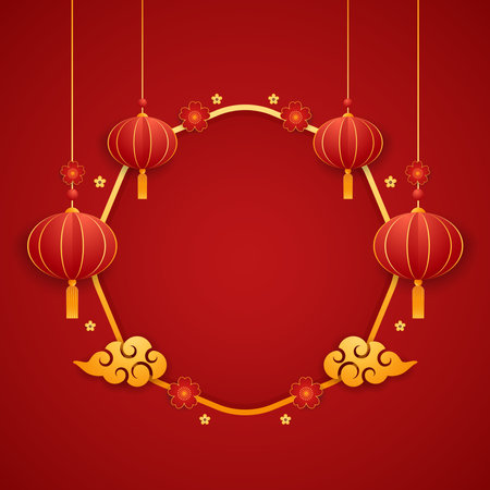 Happy Chinese new year 2024. Chinese new year banner for show product. Greeting card. China frame with lantern on red background.のイラスト素材