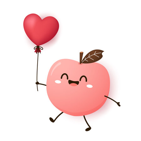 Peach cartoon vector. Doodle peach with leaves icon. Peach fruit in shape of heart isolated on white background. Farm, natural food, fresh fruits.のイラスト素材