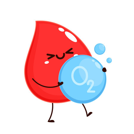 Red blood cell character design. Red blood cell vector. free space for text. Water symbol vector. Oxygen O2 molecule models blue and chemical formulas.のイラスト素材
