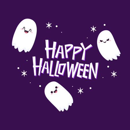 Cute ghost floating with Halloween pumpkin basket for Trick or Treat. Funny spooky boo character. Spook phantom with happy smiling face expression. Isolated kids flat vector illustのイラスト素材