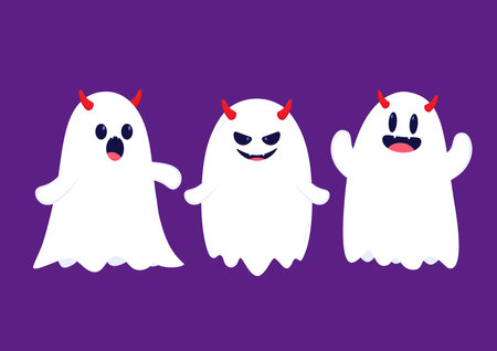 Cute ghost floating with Halloween pumpkin basket for Trick or Treat. Funny spooky boo character. Spook phantom with happy smiling face expression. Isolated kids flat vector illustのイラスト素材