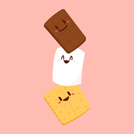 Chocolate bar and graham crackers. S'more graham cracker, chocolate, and marshmallow.のイラスト素材