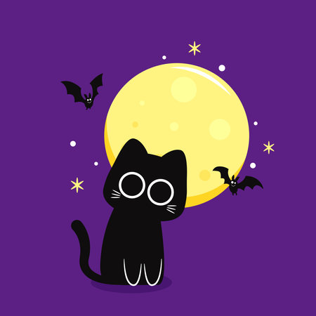 Cute Black cat and moon. Halloween black cat on purple background.のイラスト素材