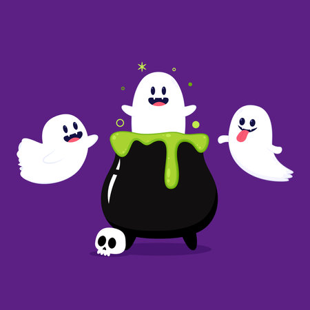 Cute ghost floating with Halloween pumpkin basket for Trick or Treat. Funny spooky boo character. Spook phantom with happy smiling face expression. Isolated kids flat vector illustのイラスト素材