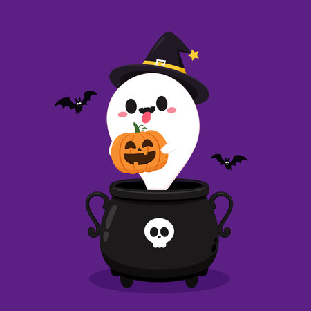 Cute ghost floating with Halloween pumpkin basket for Trick or Treat. Funny spooky boo character. Spook phantom with happy smiling face expression. Isolated kids flat vector illustのイラスト素材