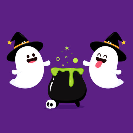 Cute ghost floating with Halloween pumpkin basket for Trick or Treat. Funny spooky boo character. Spook phantom with happy smiling face expression. Isolated kids flat vector illustのイラスト素材