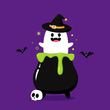 Cute ghost floating with Halloween pumpkin basket for Trick or Treat. Funny spooky boo character. Spook phantom with happy smiling face expression. Isolated kids flat vector illustのイラスト素材