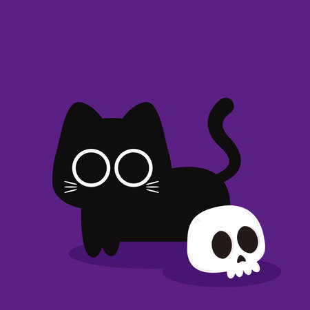 Cute Black cat. Halloween black cat and skull on purple background.のイラスト素材